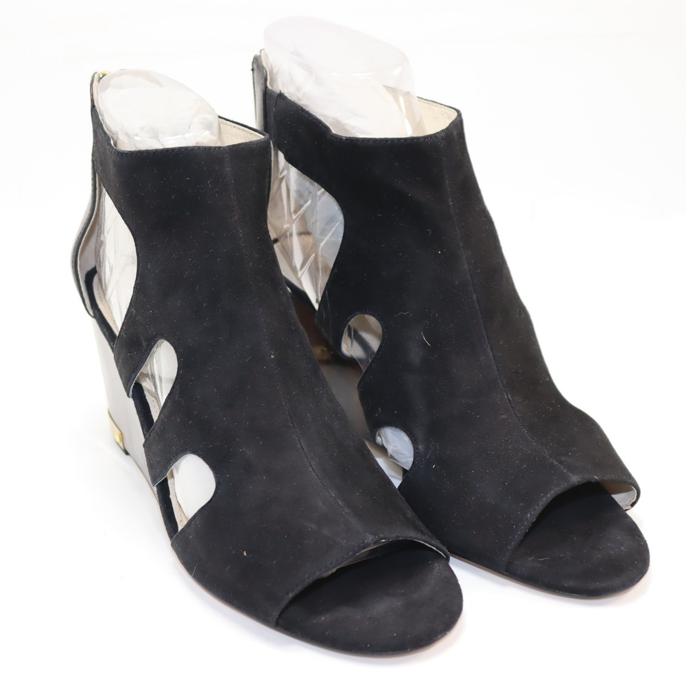Louise et Cie Mirin Wedge Sandals 9.5 Black Womens Cutout Suede Booties